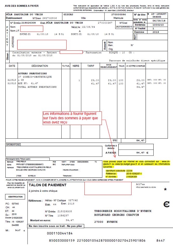 Exemple d'avis des sommes à payer indiquant l'emplacement des références à saisir pour le paiement en ligne